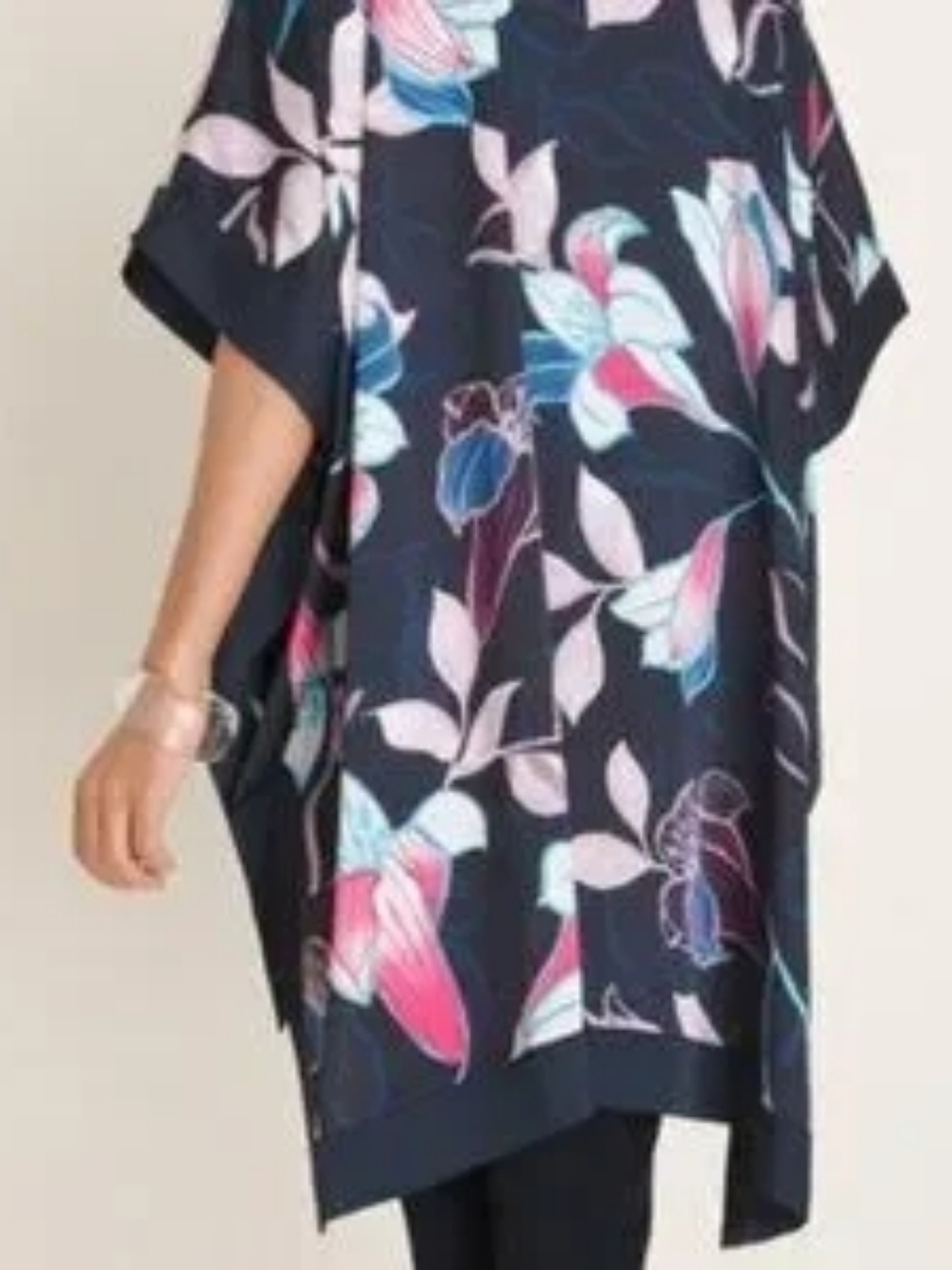 CHICO'S Traveler Navy Floral Longline Silky Kimono L/XL Resortwear Vacation - Picture 3 of 12